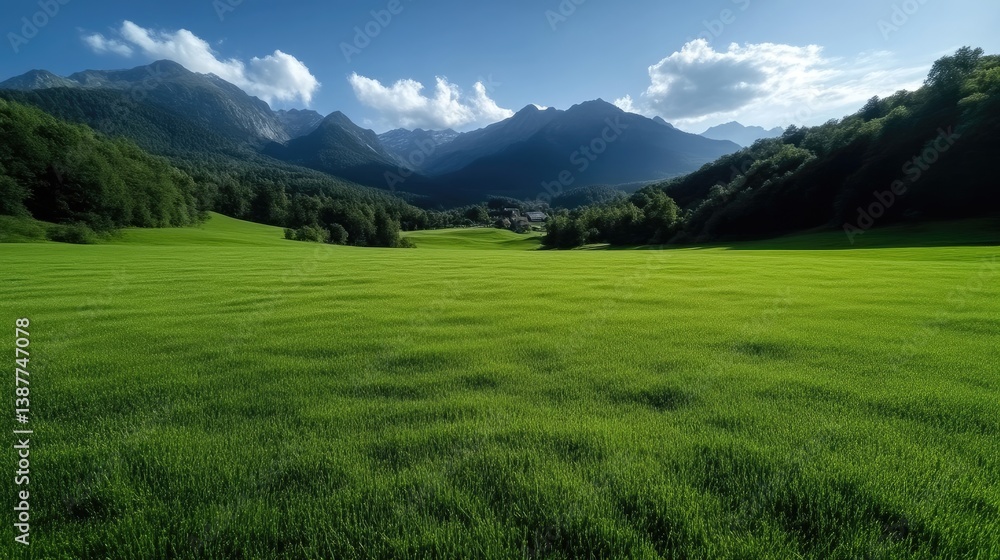 Lush green meadow stretches towards a mountain range Lush green meadow stretches towards a mountain range
