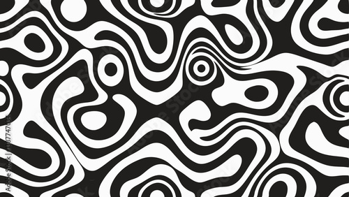 Seamless vector pattern with abstract wavy lines in black and white psychedelic style with thick curving stripes and hand drawn optical art feel for bold fashion and edgy design