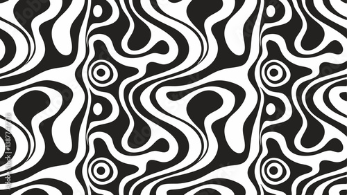 Seamless vector pattern with abstract wavy lines in black and white psychedelic style with thick curving stripes and hand drawn optical art feel for bold fashion and edgy design