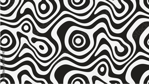 Seamless vector pattern with abstract wavy lines in black and white psychedelic style with thick curving stripes and hand drawn optical art feel for bold fashion and edgy design