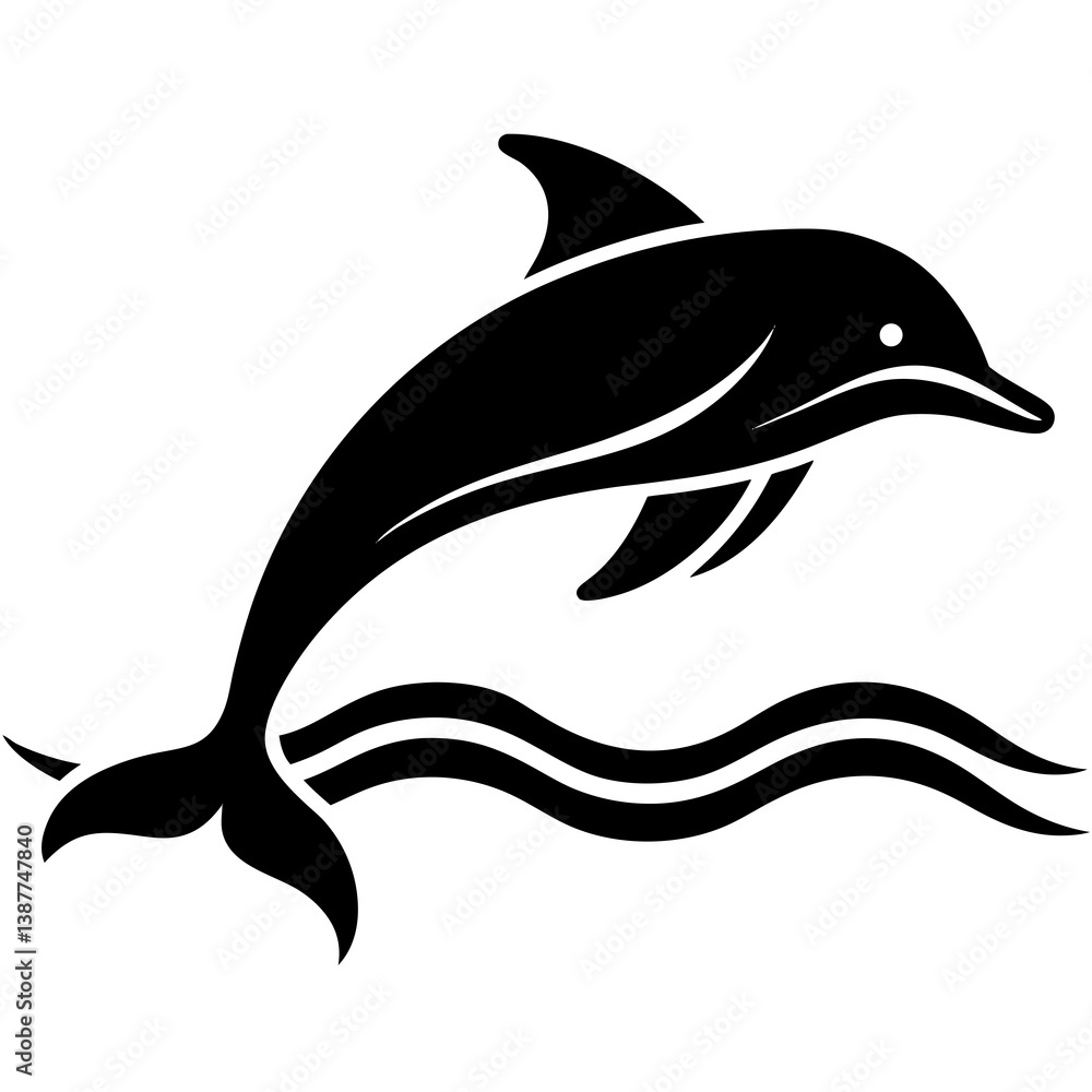 Obraz premium Dolphin Vector Silhouette, Swimming Dolphin Illustration, Ocean Animal Logo Icon, Sea Life Clipart, Marine Wildlife Art, Aquatic Creature Design, Nautical Symbol, Beach, Tropical, Coastal Decor.