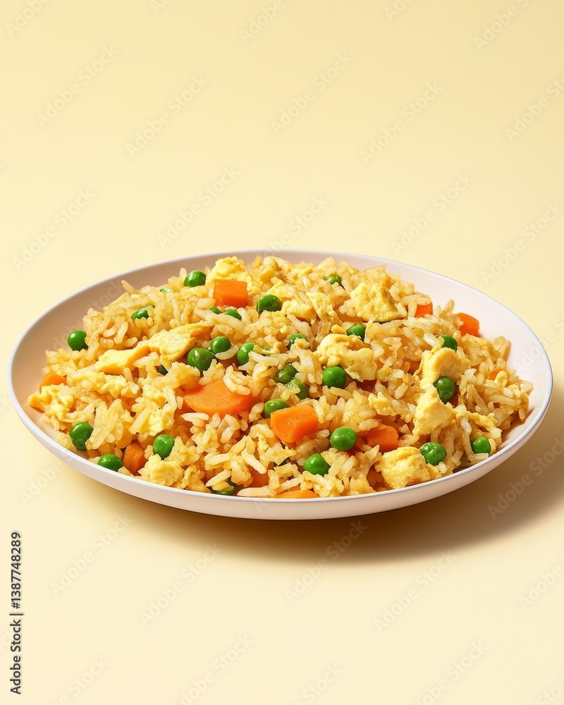 Hyperrealistic golden egg fried rice on light yellow background Hyperrealistic golden egg fried rice on light yellow background