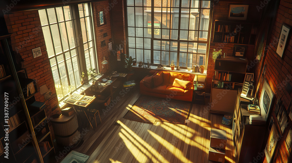 Sunlight streams into cozy loft with exposed brick walls Sunlight streams into cozy loft with exposed brick walls