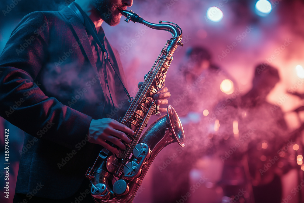 Fototapeta premium modern jazz band performing on stage in smoky club, with saxophonist playing passionately. vibrant lights create lively atmosphere, enhancing musical experience