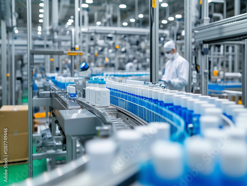 modern cosmetics factory featuring high tech equipment and automated production lines. Workers in protective gear oversee efficient manufacturing process, ensuring quality and safety