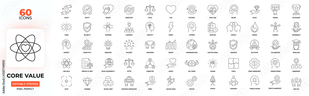 Core Value Line Icons – Ethics, Leadership, Creativity, Integrity, Editable Stroke. Core Value Line Icons – Ethics, Leadership, Creativity, Integrity, Editable Stroke.