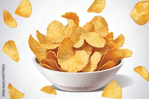 A side view of a snack bowl of savoury potato chips party food, crispy nibbles isolated against a transparent background