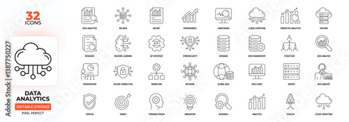 Data Analytics Line Icons – Cloud, Machine, Big Data, Performance, Editable Stroke.