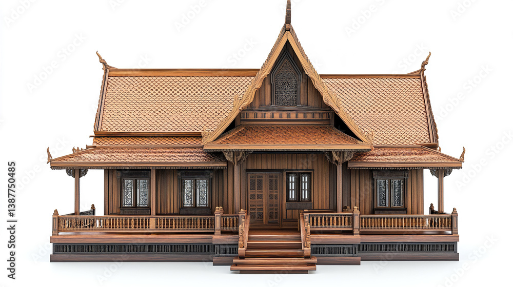 Fototapeta premium Traditional Thai house with intricate wooden details on white background
