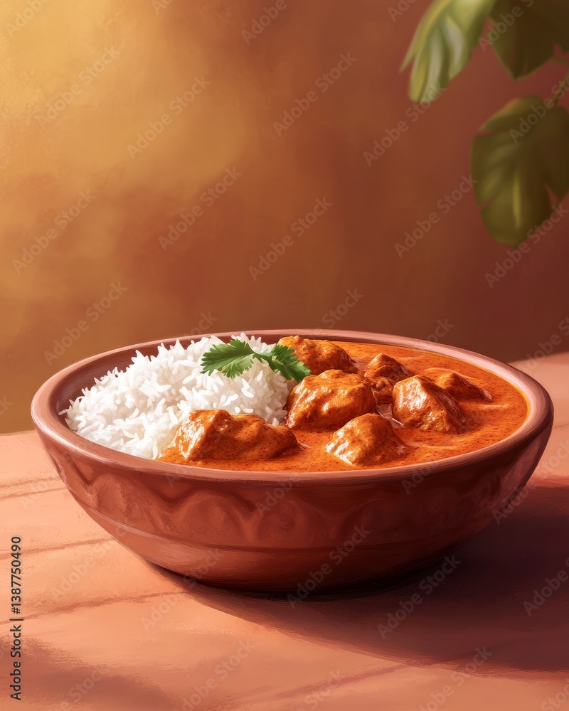 Realistic butter chicken with rice on terracotta in cinematic style