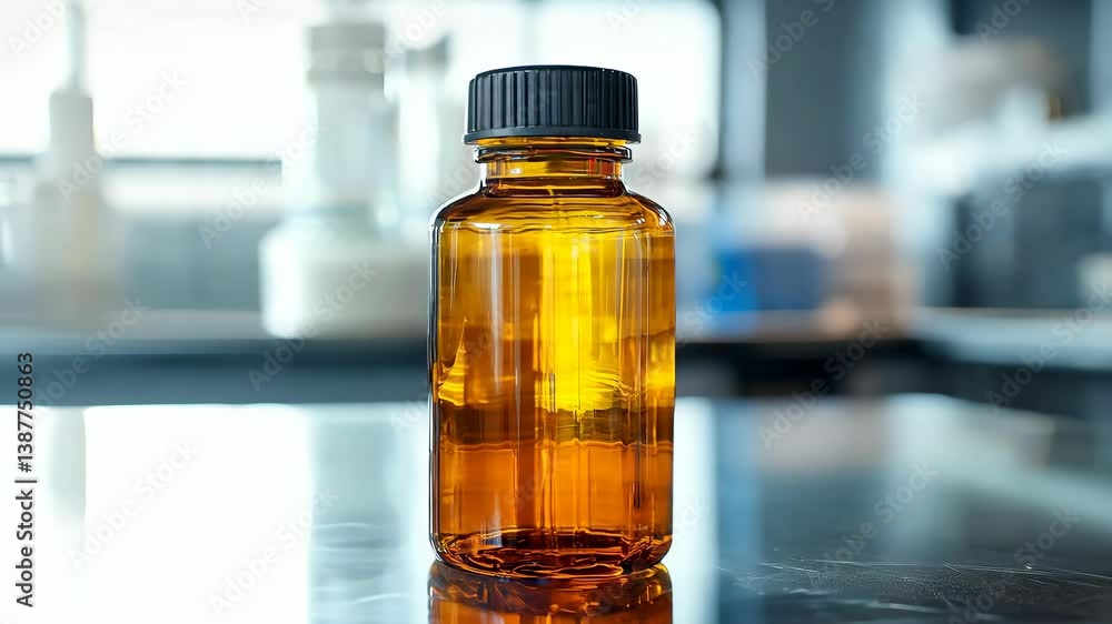 A bottle of semaglutide on a laboratory table, blurred laboratory background. v4 A bottle of semaglutide on a laboratory table, blurred laboratory background. v4
