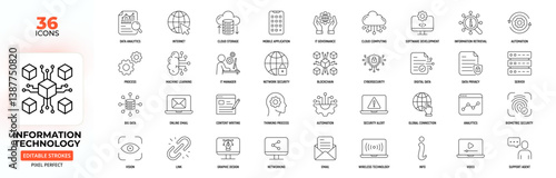 Information Technology Line Icons – Cloud, Data, Security, Networking, AI, Editable Stroke.