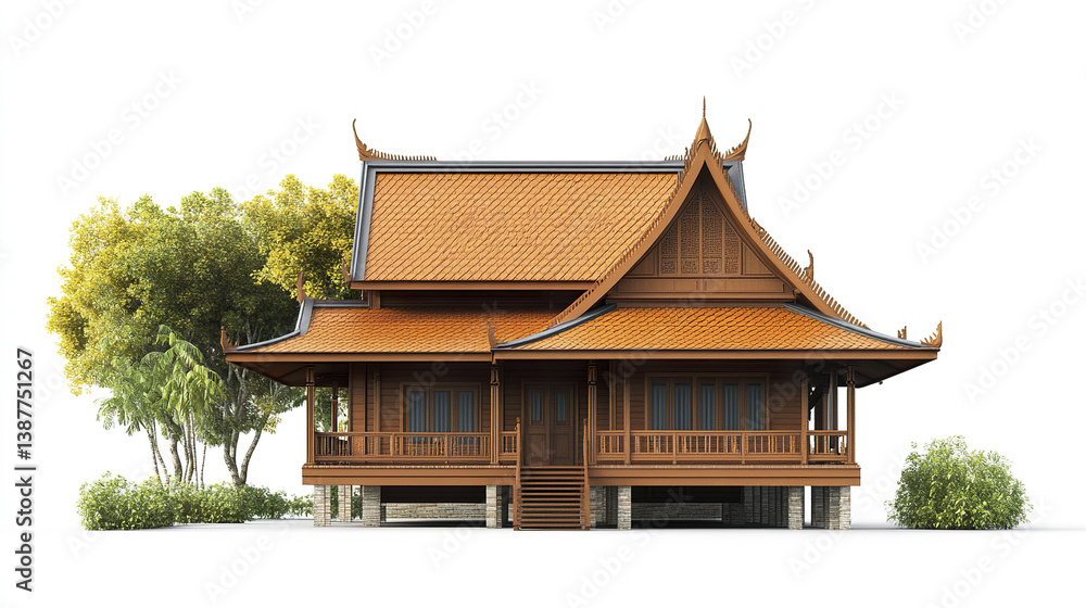 Obraz premium Traditional Thai house with ornate roof and wooden structure