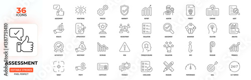 Assessment  Line Icons – Report, Feedback, Audit, Analysis, Performance, Editable Stroke.