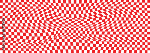 Psychedelic checkered pattern in red color. Groovy psychedelic backgrounds with abstract checkered pattern of optical illusion. Checkered racing flag background. Square black and white rally checker.
