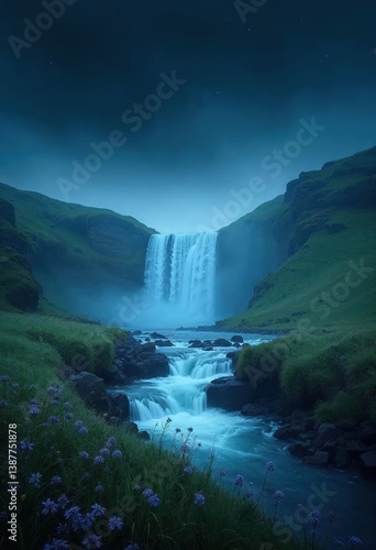 Serene Nightfall at the Majestic Waterfall