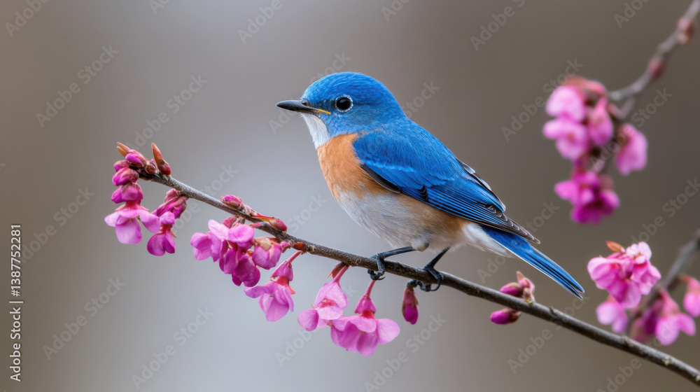 Fototapeta premium Bluebird and Cherry Blossoms: A striking bluebird perches gracefully on a branch adorned with delicate cherry blossoms, creating a moment of serene beauty and the tranquility of spring.