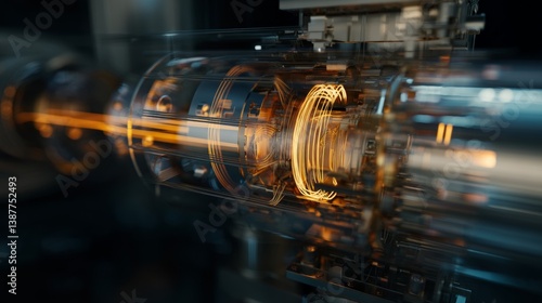 Obraz na płótnie Intricate ion source of mass spectrometer with dynamic particle trajectories and light effects w salonie