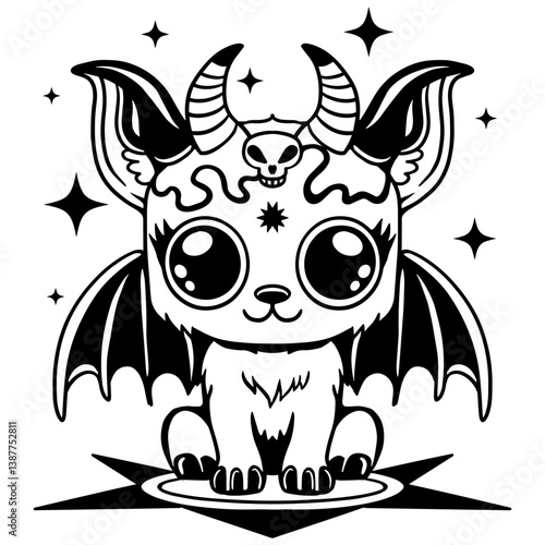 Cute demon cat with bat wings, horns, and skull. Mystical black and white silhouette vector