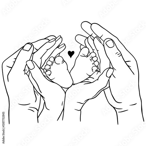 Line art of baby feet held by parents' hands with a heart. Symbol of love, family, and protection.