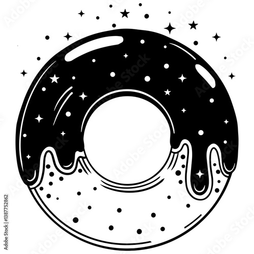 Donut with cosmic galaxy glaze and stars in silhouette style. Fun and dreamy design