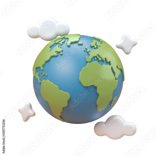 Fototapeta Naklejka Na Ścianę i Meble -  earth cartoon icon, globe with clouds illustration, cute planet emoji graphic
