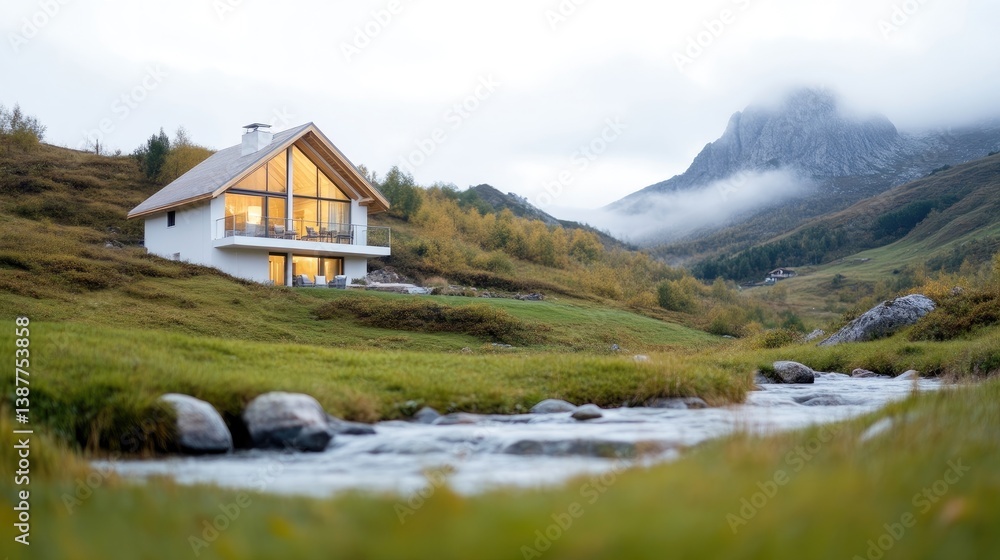 Mountain cabin nestled in a valley. Modern architecture with panoramic views Mountain cabin nestled in a valley. Modern architecture with panoramic views
