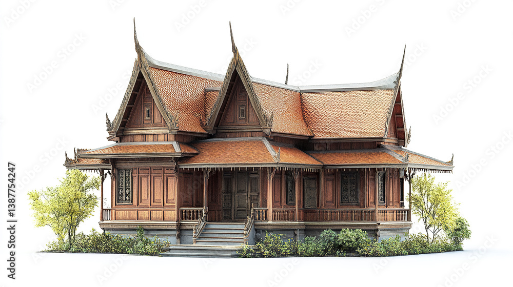 Obraz premium Traditional Thai house with ornate roof and wooden structure, surrounded by greenery