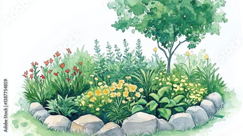 Hand-painted floral garden bed with greenery and flowers. Perfect for gardening, landscaping, and illustration themes.