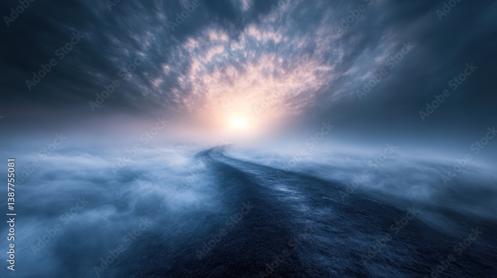 Obraz premium A path shrouded in swirling fog, the destination revealed only by the gradual brightening of the horizon. 4k