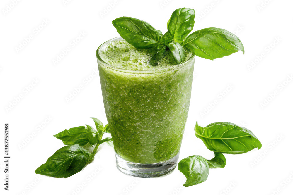 Green smoothie in glass tumbler with basil garnish, isolated on white background under studio lighting Green smoothie in glass tumbler with basil garnish, isolated on white background under studio lighting