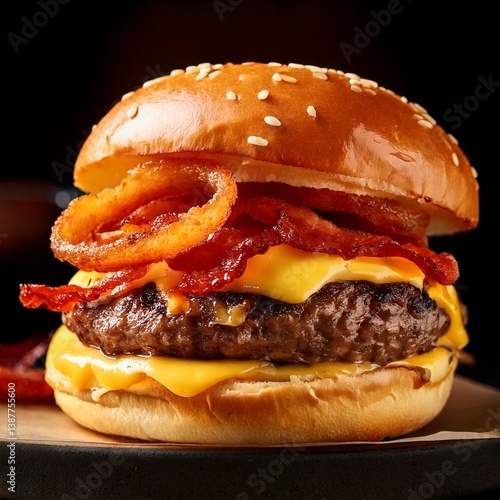 big messy cheeseburger with onion rings 