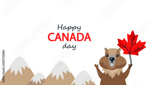 Happy canada day backdrop with beaver holding maple leaf and snowy mountains illustration. Congratulatory background for card for Canada holiday.