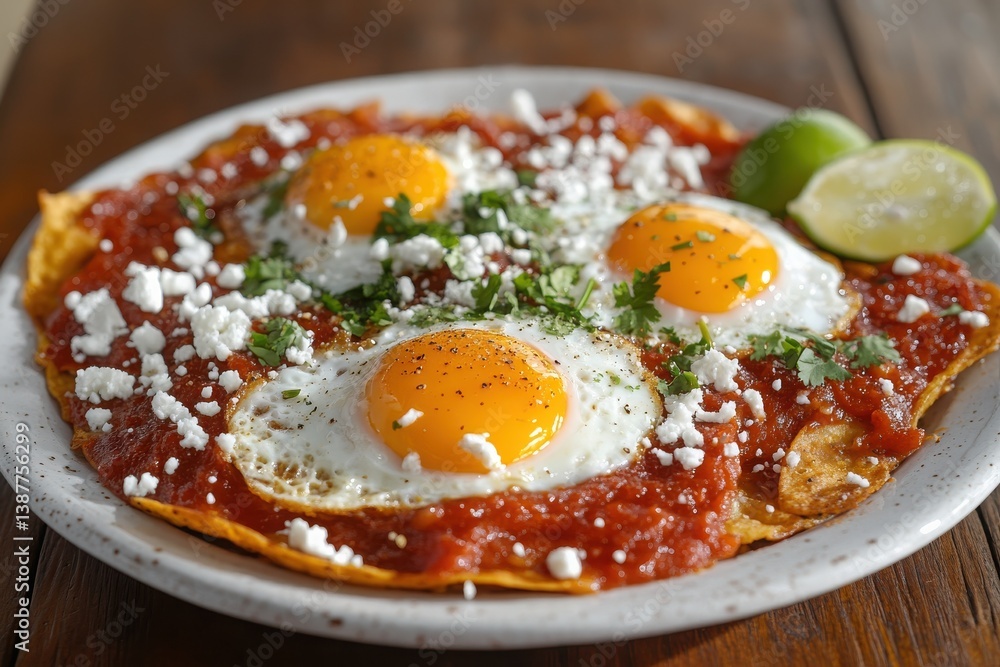 A plate of chilaquiles with red salsa, sunny-side-up eggs, cotija cheese, and cilantro on a rustic wooden table A plate of chilaquiles with red salsa, sunny-side-up eggs, cotija cheese, and cilantro on a rustic wooden table