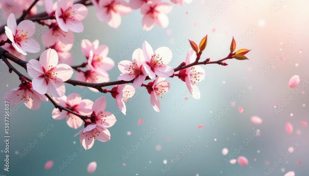 Fototapeta premium Thin and delicate branches of a cherry blossom tree, leafy, white