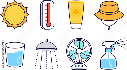 Heat stroke prevention and summer cooling icon set for infographics. Sun protection, hydration. Vector clip art illustrations. Simple cartoon hand drawn doodle style.