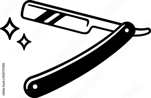 Straight razor black and white art, vintage shaving tool. Simple minimalist barber logo design element. Vector clipart illustration.