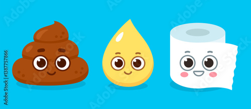 Cute cartoon poop, pee and toiler paper characters. Pile of feces, drop of urine and tissue roll with funny faces. Vector clip art illustration. Children potty training mascots.