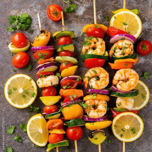 A plate of skewers with vegetables and shrimp and a lemon wedge