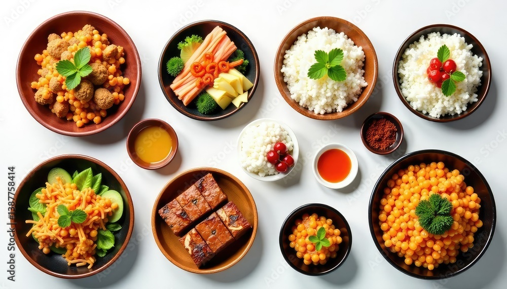 Various Japanese dishes arranged on white backdrop, traditional, food styling, japan Various Japanese dishes arranged on white backdrop, traditional, food styling, japan