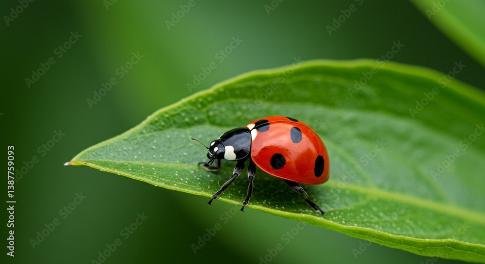Red spotted ladybug, a small beetle insect, rests on a green leaf in nature Red spotted ladybug, a small beetle insect, rests on a green leaf in nature