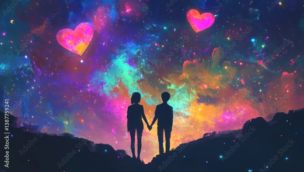 Obraz premium A couple holding hands looking up at a colorful starry sky