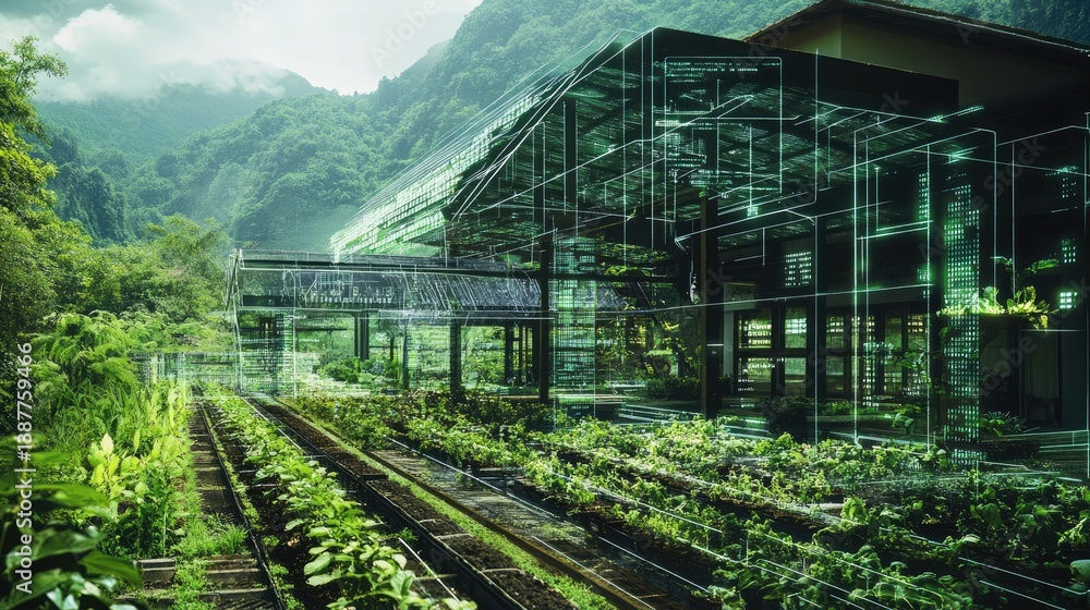 Augmented interface over a smart farming scene visualizing climate-smart, tech-driven agriculture Augmented interface over a smart farming scene visualizing climate-smart, tech-driven agriculture