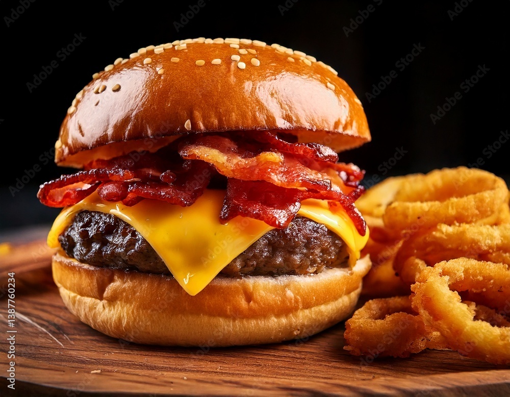 bacon and cheese burger with onions rings on the side