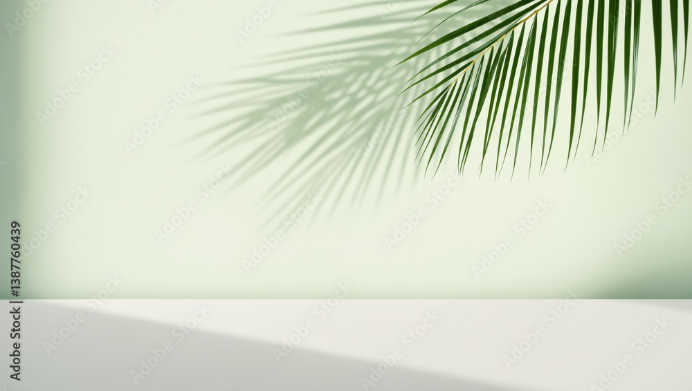 background with blurred foliage shadow on green wall. palm leaves
