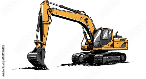 Illustration of Yellow Excavator with Bucket Digging Construction Site