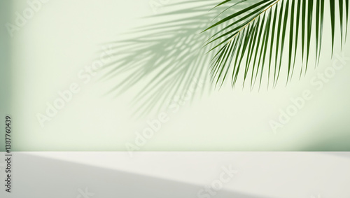 Obraz na płótnie background with blurred foliage shadow on green wall. palm leaves w salonie