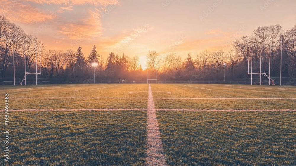 A football field at dawn, with soft pink and orange skies, freshly painted lines, and goalposts at each end of the field