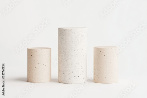 Three cylinder podiums in a light beige and white color scheme