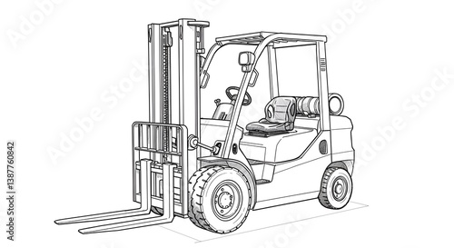 Forklift Truck Detailed Line Art Illustration on White Background